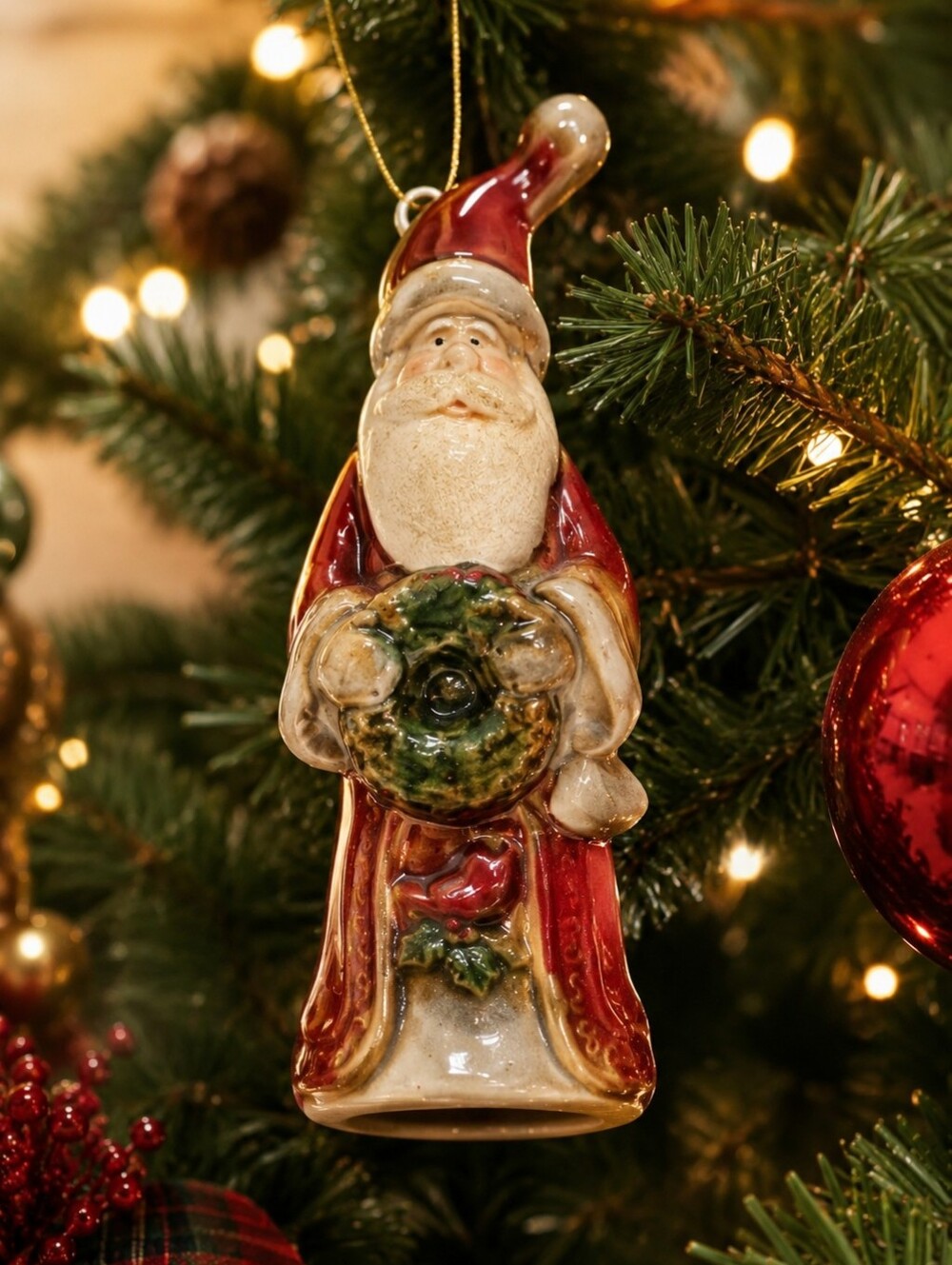 Vintage Style Ceramic Santa Bell Ornament Wreath Christmas 5.5" Hand Painted